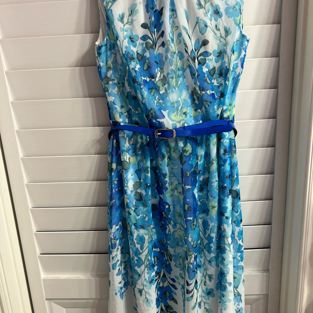 dressbarn Blue and White Floral Midi Dress with Belt